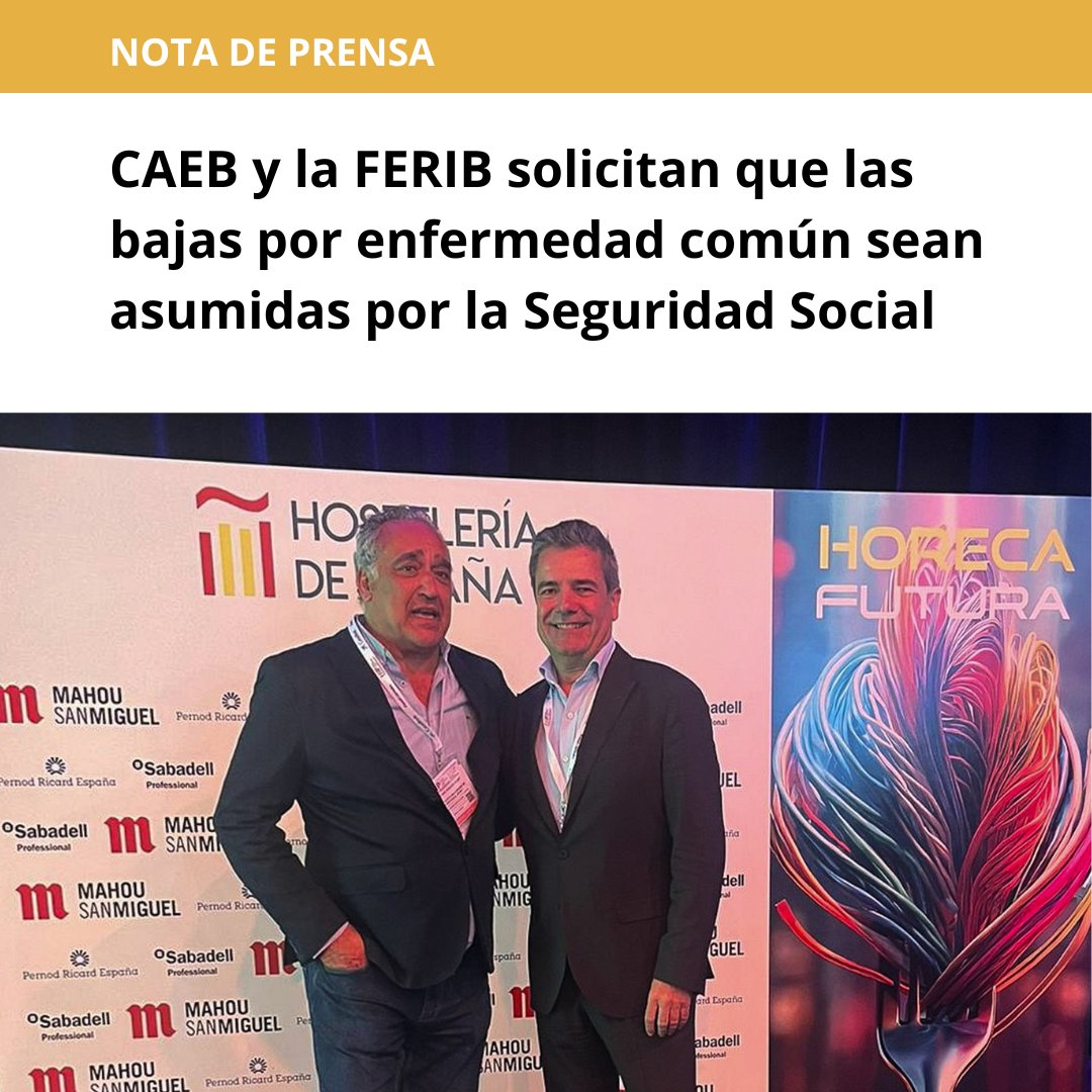 📢 Desde CAEB y la FERIB queremos expresar nuestra preocupación, solicitando ayuda a Hostelería de España, por la carga financiera de pequeñas y medianas empresas debido a las bajas por enfermedad común de los trabajadores 

Más información➡️ tinyurl.com/y8drptvb
