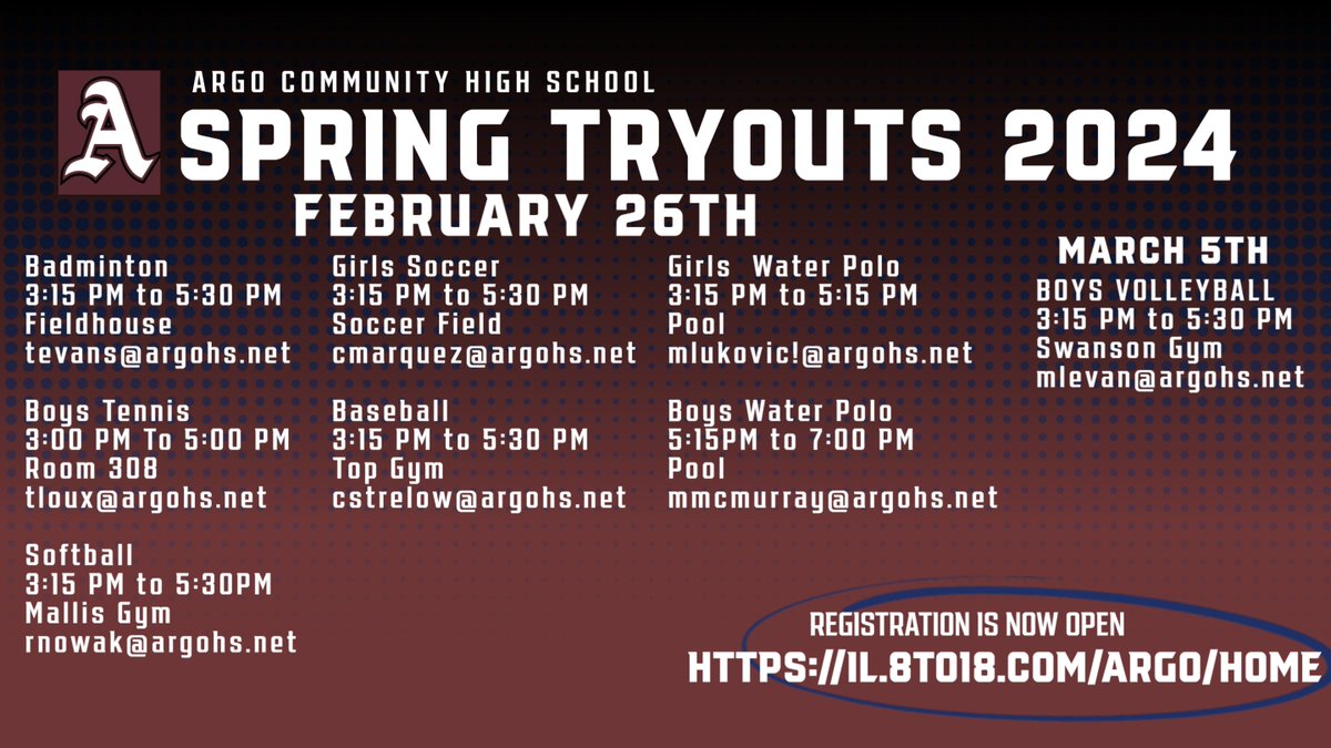 4 Days until Spring Tryouts!!! Make sure to register at 
argo.8to18.com/accounts/login