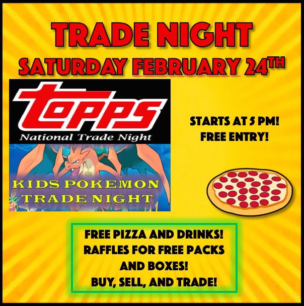 We look forward to seeing new friends and old at this Saturday’s Topps Hobby Rip Night! Free, pizza and drinks, door prizes, and a separate room for kids to do trading and other shenanigans! <a href="/Topps/">Topps</a>