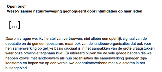WMF_Bart's tweet photo. Open brief: "Onze vrijwilligers werken vanuit een natuurgerichte invalshoek aan een gezond ecosysteem. Zij doen dat vrijwillig en vol overgave. Deze aanvallen raken de kern van hun engagement én van het natuurbeleid van onze provincie."

Hele brief: https://t.co/y1qipbQVcE https://t.co/kUuevibYTx