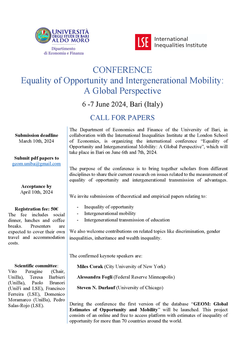 🗣️ Call for papers On the 6-7 June, the III will co-host a workshop on Equality of Opportunity and Intergenerational Mobility: A Global Perspective, with the University of Bari. ⏰ Submit papers by the 10th March