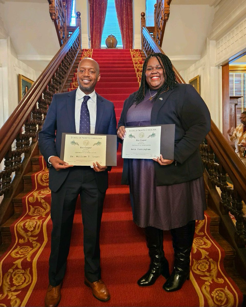Congrats to Principals Asia Cunningham of Pearsontown Elementary and Dr. William Logan of Hillside High for their contributions to education! 🏫👏 Honored by Gov. Roy Cooper and the NC African American Heritage Commission at a reception on Feb. 21 at the NC Executive Mansion. 🌟