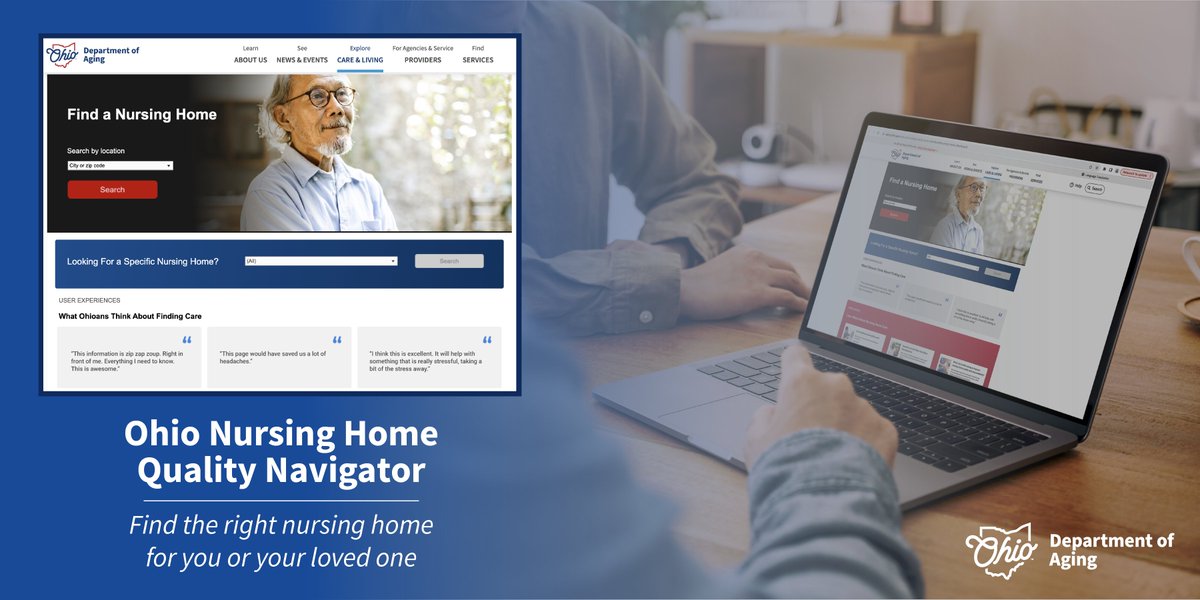 Did you miss the news? Yesterday, <a href="/GovMikeDeWine/">Governor Mike DeWine</a> and ODA debuted Ohio’s Nursing Home Quality Navigator. The web-based tool allows Ohioans to find and compare nursing homes in their area to make the best choices for their long-term care.

Learn more: aging.ohio.gov/navigator