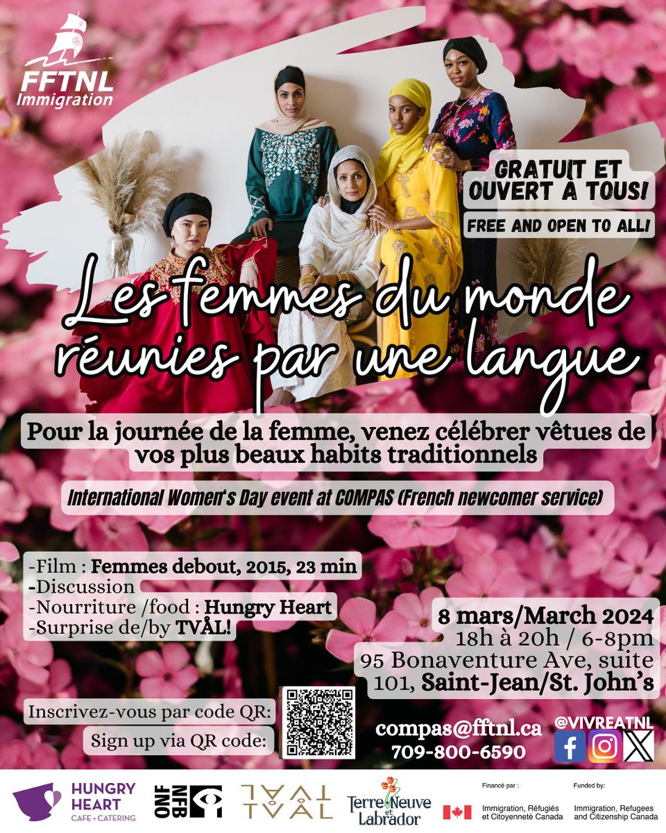 Pour la journée de la femme, venez célébrer vêtues de vos plus beaux habits traditionnels, le film Femmes debout (2015, 23 mins) jouera au 95 Bonaventure Ave, suite 101, Saint-Jean. De 18h à 20h, il y aura de la nourriture de Hungry Heart et une surprise de TVÅL!