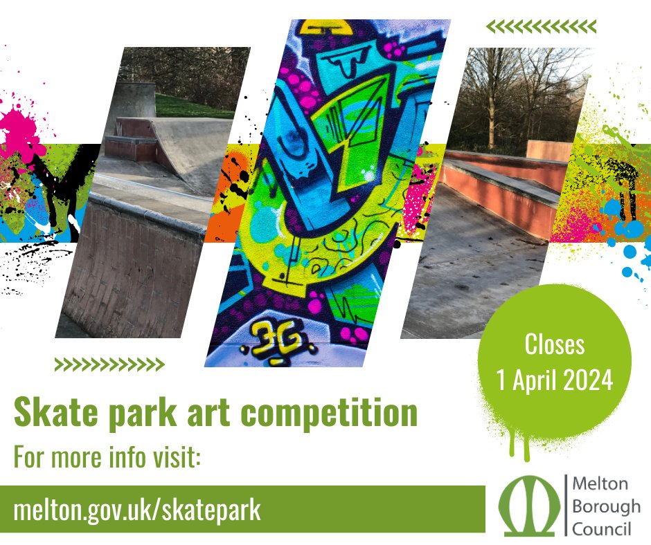 We are running a competition that will give residents the chance to transform the skate park in the town centre by submitting their designs, with winning ideas being used to enhance the popular spot. For more information and how to enter visit: melton.gov.uk/your-council/n…