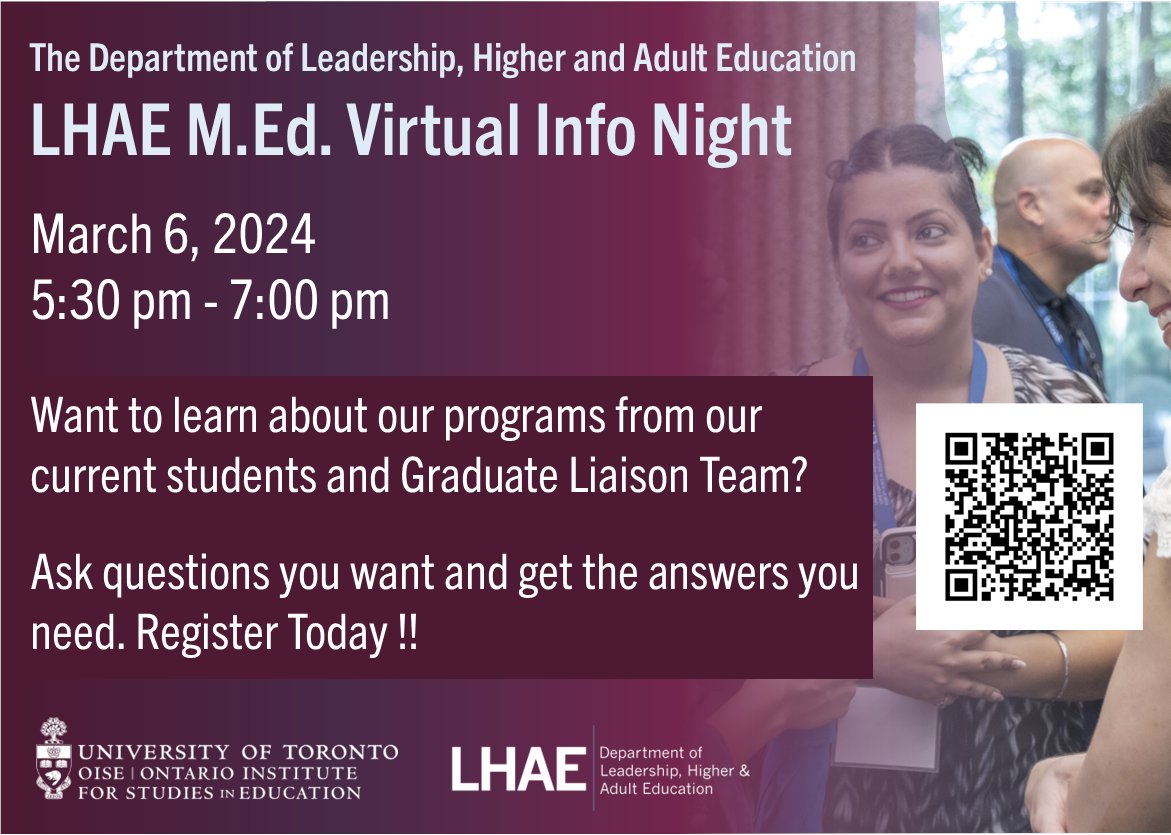 Register for our LHAE M.Ed Virtual Info Night to learn about our programs from our current students and our graduate liaison team. Ask the questions you want and get the answers you need. #gradstudies #HigherEd #education #leadership #educationpolicy #adulteducation #community