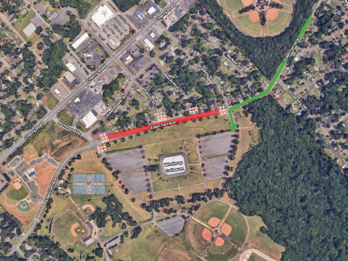 TRAFFIC ALERT: (1 of 2) The section of Eden Terrace between the entrances to Winthrop Coliseum will be closed Friday, February 23, 2024 starting at 9 a.m.
Also, the following streets will be blocked at Eden Terrace: Patton Street and MacArthur Street. #Traffic #YoCoNews #YCSONews