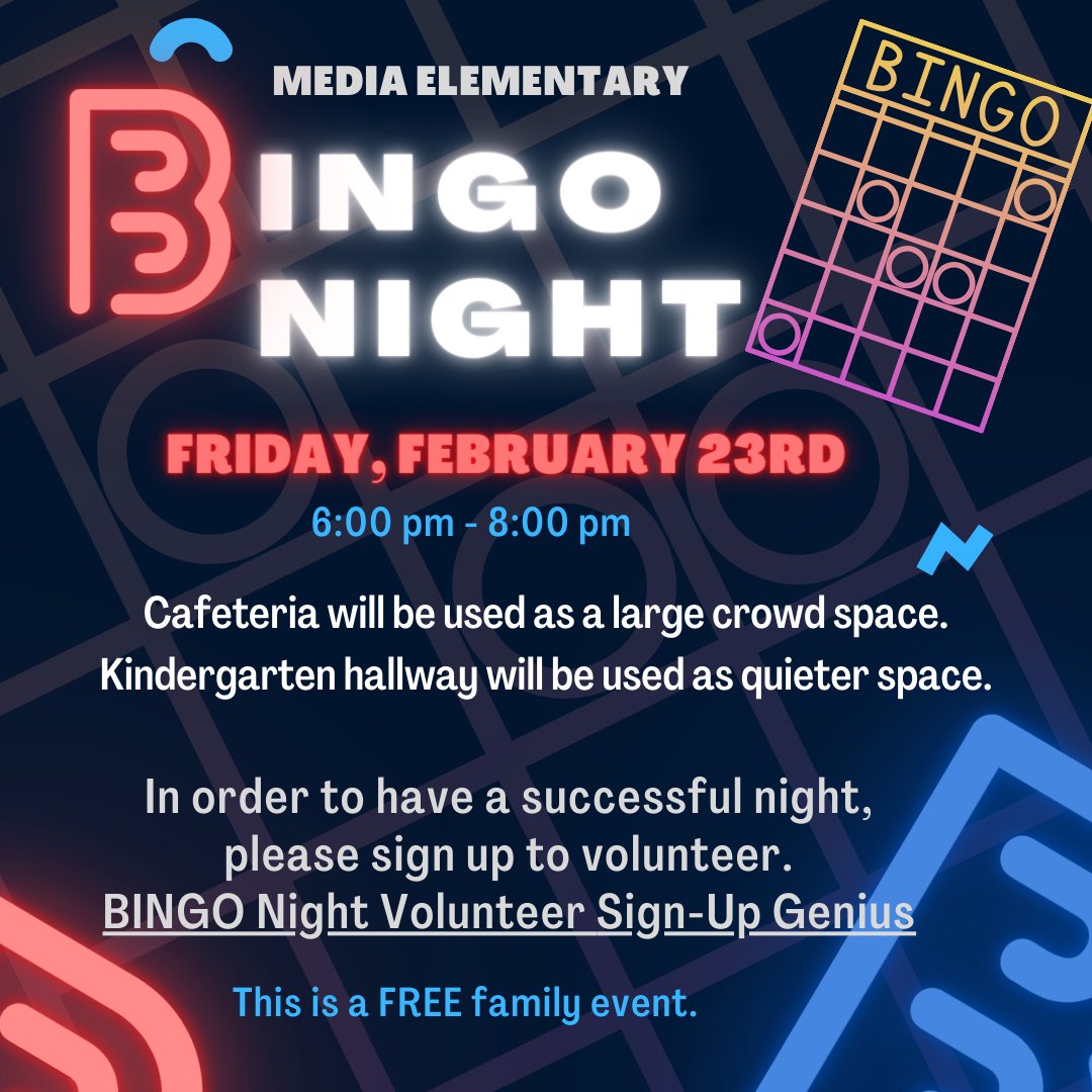 Reminder: Tomorrow night is Bingo Night from 6:00-8:00pm in the cafeteria! This is a FREE family fun event!