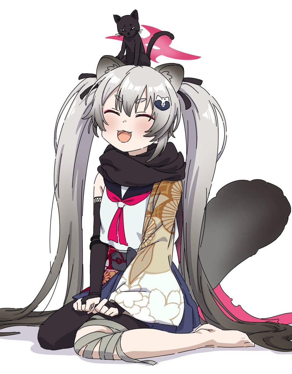 1girl scarf grey hair animal ears twintails halo closed eyes  illustration images