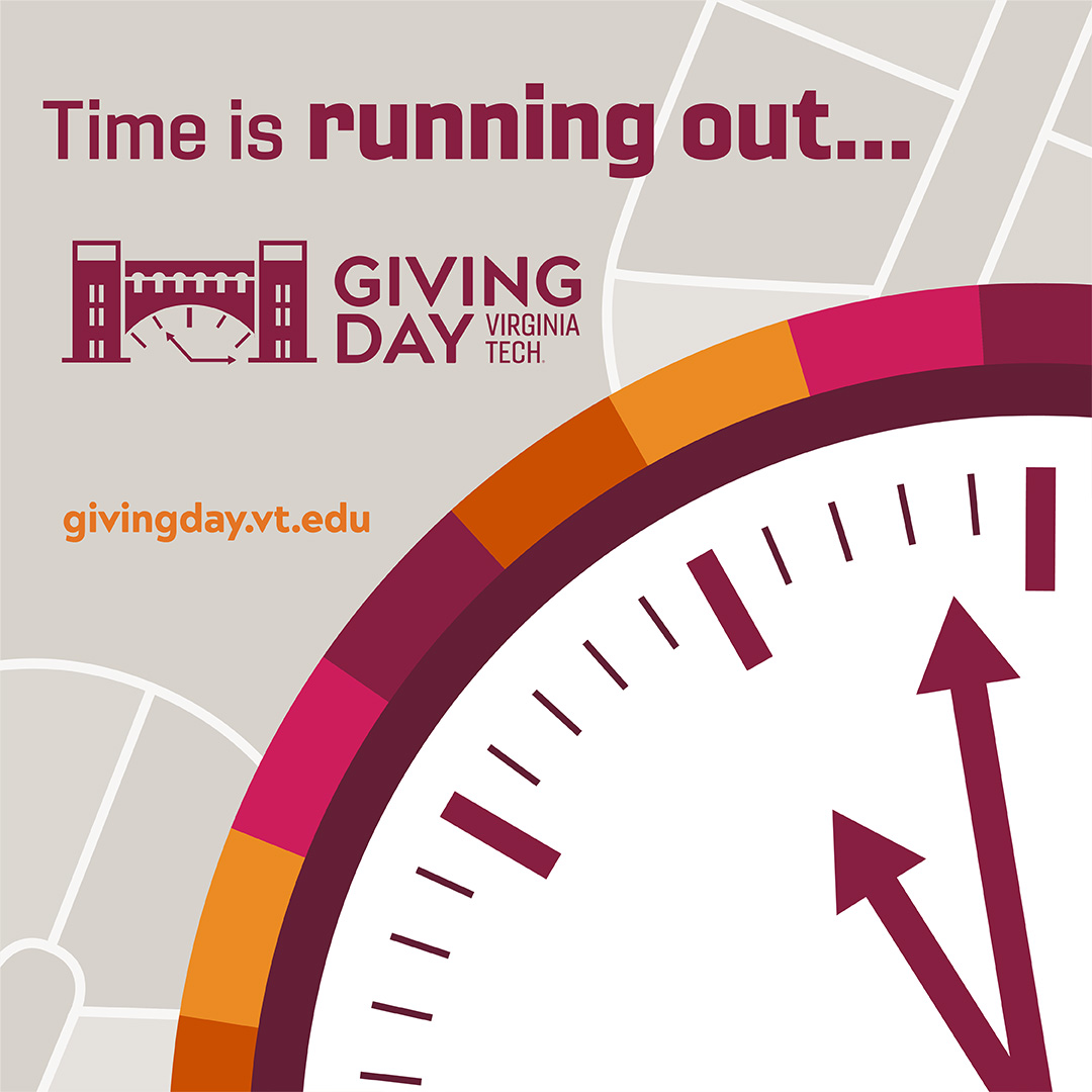 ⏰ The clock is ticking! Giving Day at Virginia Tech ends in just a couple of hours. Don't miss your chance to make a difference for our students, faculty, and community. Hurry to givingday.vt.edu to donate to your favorite VT program before noon.🌟🧡 #VTGivingDay