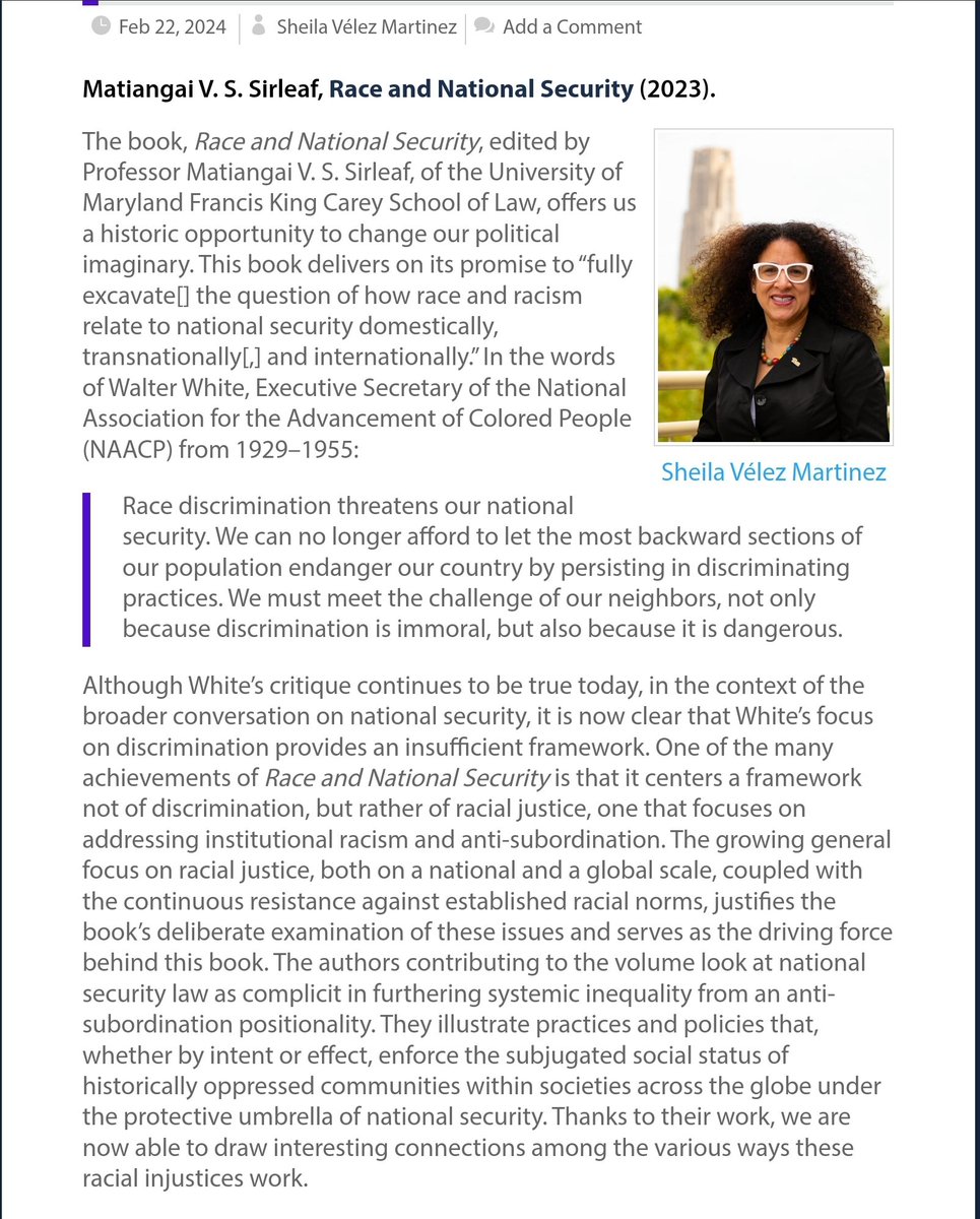 Incredibly humbled reading 'The Intersection Between Race and National Security,' a review by Prof. Sheila Vélez Martinez in @IReadJotwell discussing how our book 'offers us a historic opportunity to change our political imaginary.' Full review available: equality.jotwell.com/the-intersecti…