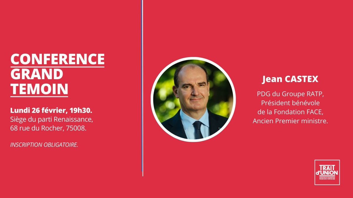 Ce lundi, Trait d'Union reçoit <a href="/JeanCASTEX/">Jean Castex</a> pour échanger sur son parcours, ses engagements et son expérience de PDG du groupe RATP.

Pour plus d'informations : trait-union-acpr.fr/forms/4KLoP9Xn…
