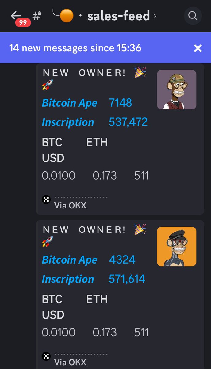 14 Bitcoin Apes have sold on OKX in the past hour, congrats to the buyer! 🔥💎 @BitcoiApes_