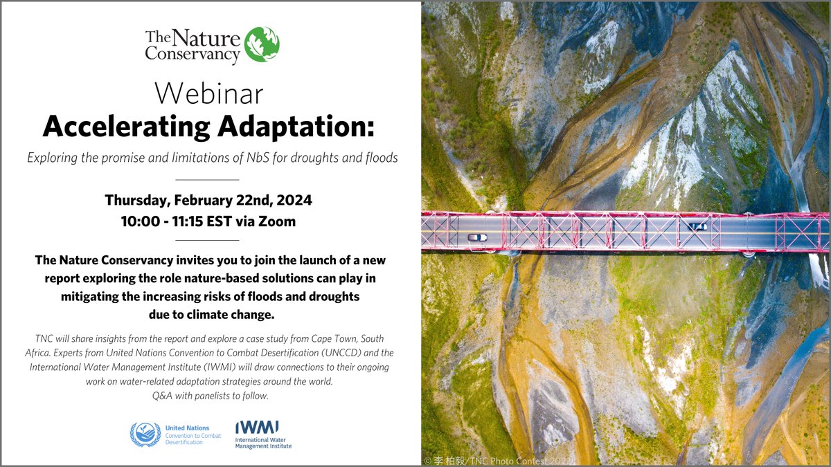 dshemie's tweet photo. #DYK: Nature-based solutions can reduce the risk of flood and drought in 1/3 of the places where these hazards are expected to increase due to climate change. Join @nature_org, @IWMI_ and @UNCCD on Feb 22nd to learn more. Register: https://t.co/7n4xlI4Vjr https://t.co/KtRxVZ6XFq