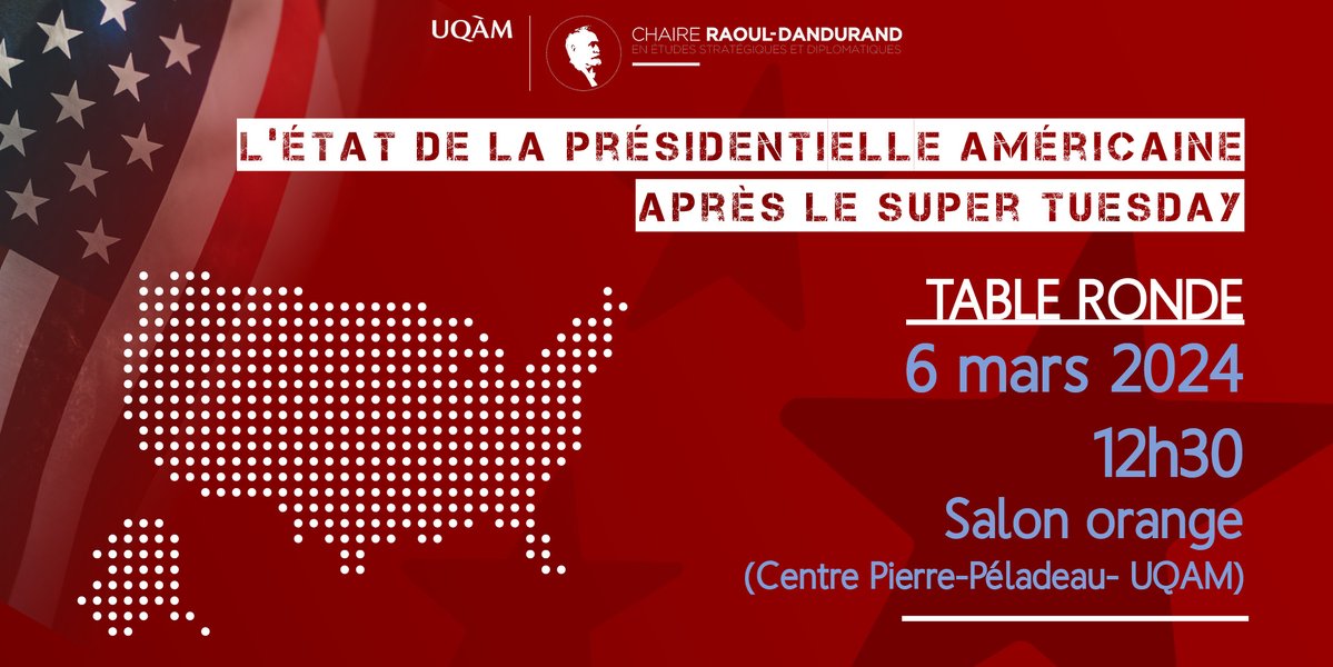 ChaireRaoulDandurand (@rdandurand) on Twitter photo 🇺🇸Table ronde - «L’état de la présidentielle américaine après le Super Tuesday»
🔺Mercredi 6 mars à 12h30
🔺En personne & en ligne
🔺Avec <a href="/gagnonfrederick/">Frédérick Gagnon</a> <a href="/andreanne_ob/">Andreanne Bissonnette</a> <a href="/JTourreille/">Julien Tourreille, Ph.D.</a> <a href="/ChristoCloutier/">Christophe Cloutier-Roy</a>, animée par la journaliste Ximena Sampson
Inscription dandurand.uqam.ca/evenement/leta… 🇺🇸Table ronde - «L’état de la présidentielle américaine après le Super Tuesday»
🔺Mercredi 6 mars à 12h30
🔺En personne & en ligne
🔺Avec <a href="/gagnonfrederick/">Frédérick Gagnon</a> <a href="/andreanne_ob/">Andreanne Bissonnette</a> <a href="/JTourreille/">Julien Tourreille, Ph.D.</a> <a href="/ChristoCloutier/">Christophe Cloutier-Roy</a>, animée par la journaliste Ximena Sampson
Inscription dandurand.uqam.ca/evenement/leta…