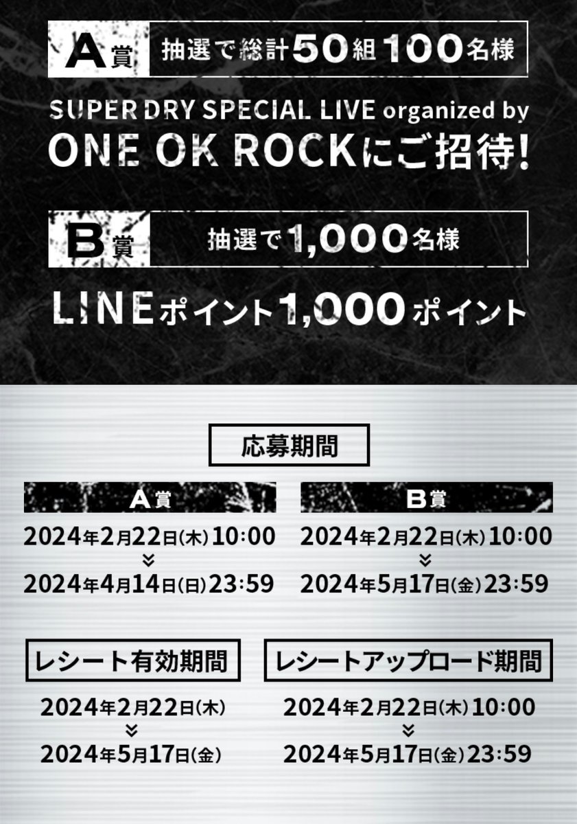 10969Ligh's tweet photo. 本日27日より
ONE OK ROCK×SUPER DRY
コラボデザイン缶発売！！

A賞　6本購入で応募可能　4/14まで
B賞　1本購入で応募可能　5/17まで

商品を購入したらレシートをアップロードしてシールGET!!
1本購入で1枚のシールが貯まります。

レシートの貰い忘れや紛失に注意！ https://t.co/rYnFFkL2lI