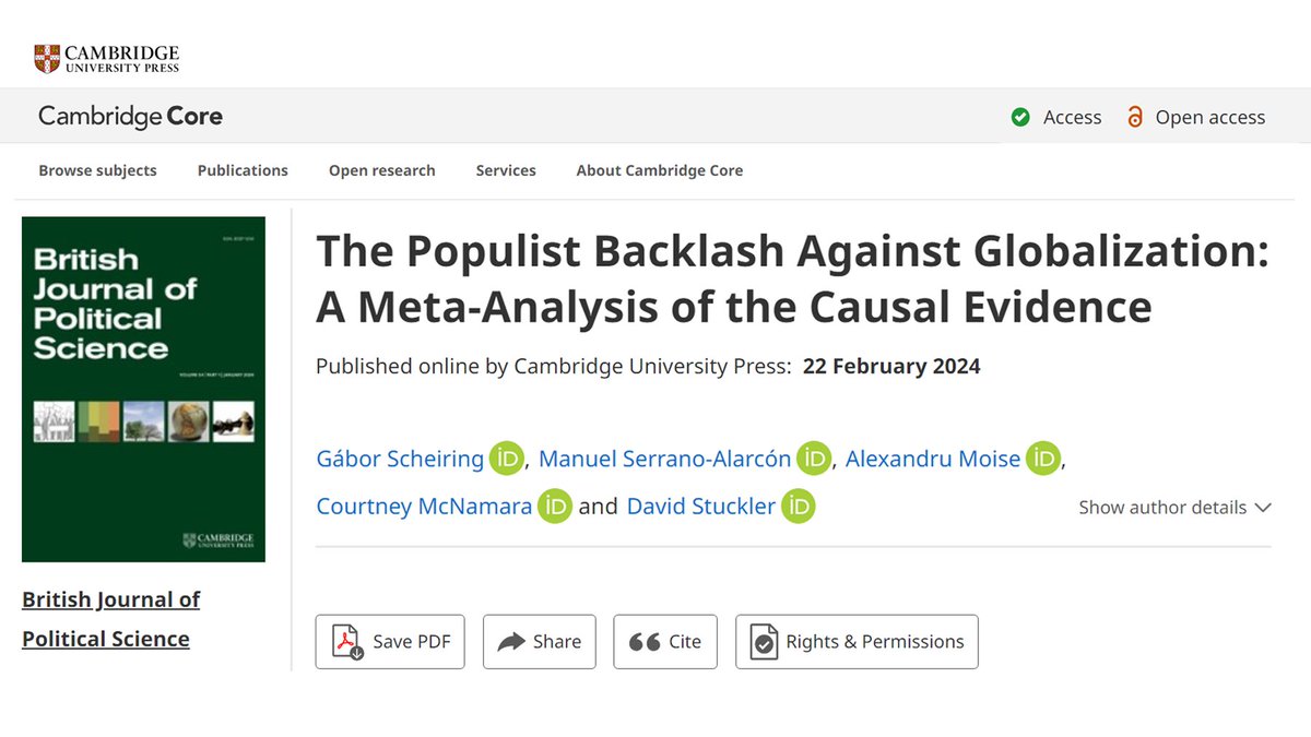 Excited to share our article just out in @BJPolS #OpenAccess. The first meta-analysis of the evidence of a causal association between economic #insecurity and #populism provides a definite answer confirming that economic insecurity is a robust cause. @ManuSeral @alexdmoise…