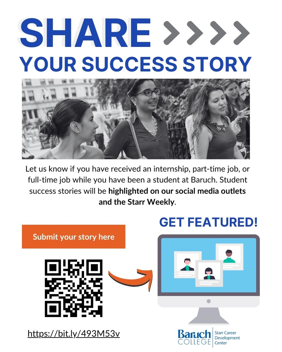 Are you a student who landed that dream job or internship? We want to hear from YOU!👂🎓 Share your #CareerJourney and #inspireothers: bit.ly/493M53v Respondents will be highlighted on our social media and newsletter. #StudentSuccess #baruchstarr #baruchworks