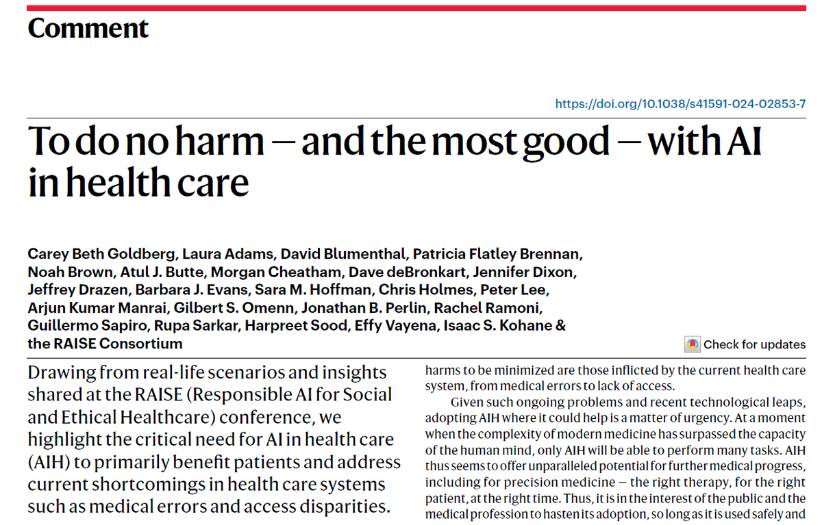NatureMedicine's tweet photo. Today, together with @NEJM_AI, we present a  statement from the RAISE Consortium mapping immediate actions for healthcare leaders to support the responsible and ethical transition of healthcare to an AI-powered future.  Read it now: https://t.co/SXZjBXdzuz @HarvardDBMI @zakkohane https://t.co/hJG8dgLpRs