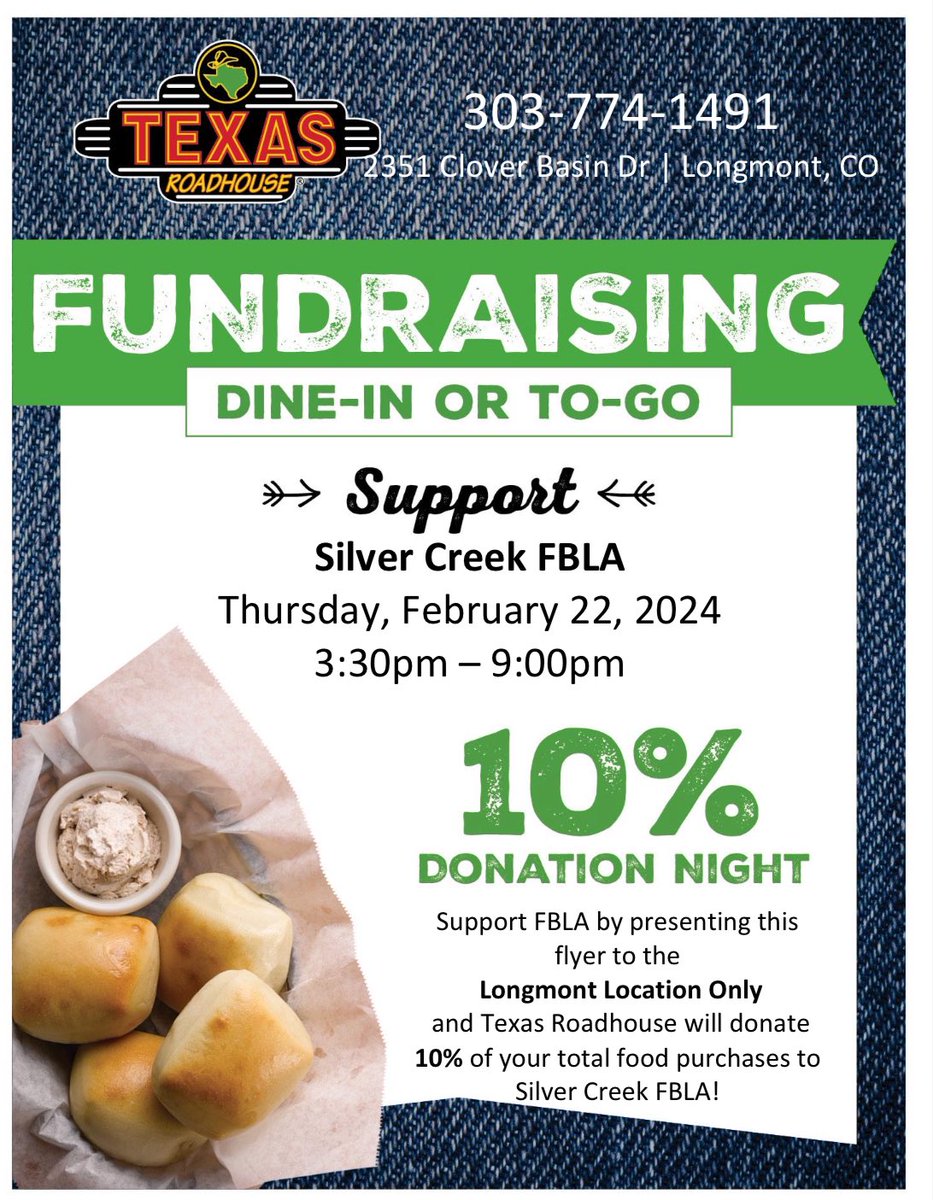 Silver Creek Education Foundation (@scedfoundation) on Twitter photo Grab dinner at Texas Roadhouse tonight to help support our <a href="/SilverCreek_HS/">Silver Creek High School</a> FBLA students with their trip to the state competition! Counts for dine-in and to-go orders! Just make sure to show them the flier and FBLA will earn 10% back on your purchase! Grab dinner at Texas Roadhouse tonight to help support our <a href="/SilverCreek_HS/">Silver Creek High School</a> FBLA students with their trip to the state competition! Counts for dine-in and to-go orders! Just make sure to show them the flier and FBLA will earn 10% back on your purchase!