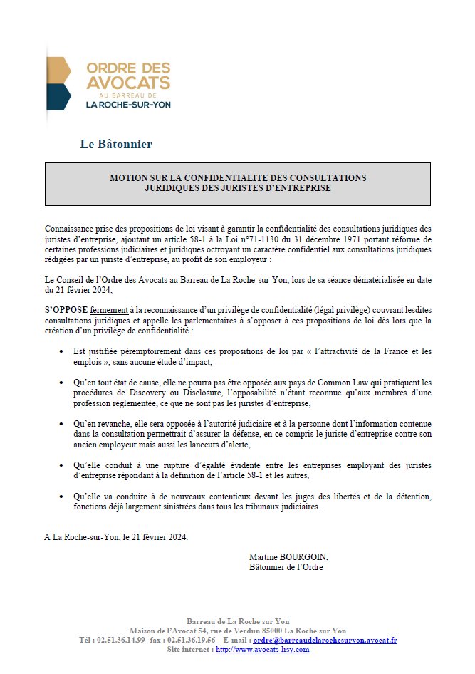 Les barreaux membres de la Conférence unis contre la proposition de loi sur la confidentialité des consultations juridiques des juristes d'entreprise ! Merci au <a href="/OrdreLaRsy/">Barreau de La Roche-sur-Yon</a> qui soutient la <a href="/Conf_Batonniers/">ConférenceBâtonniers</a> et le <a href="/CNB/">cnb</a> dans leur opposition.  
#ToujoursNON