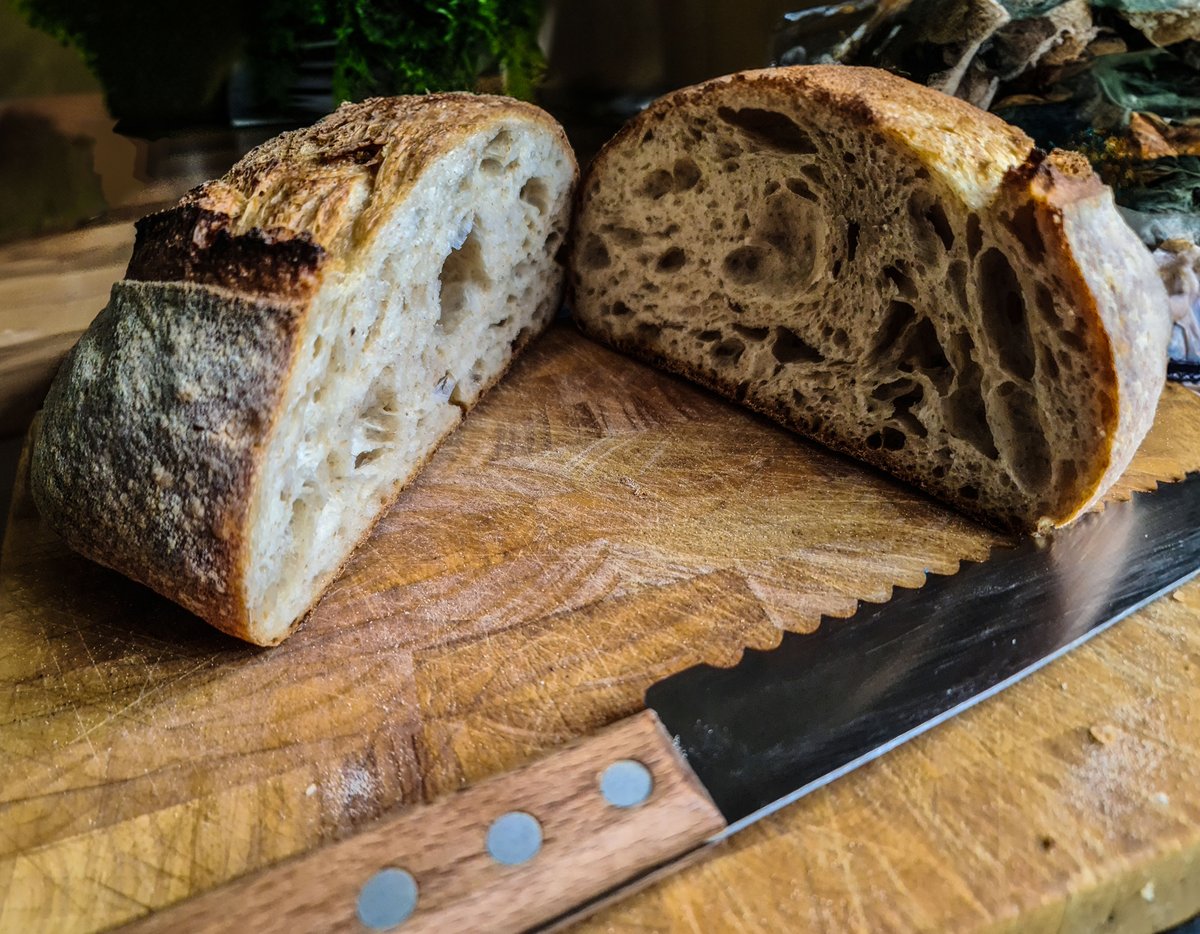 GoodFoodKitchen's tweet image. I'm happy with the open crumb on this #sourdough loaf. Beyond its sourness, it has a pleasant almost fruity flavour.  I made this loaf with freshly milled flour from Letheringsett Water Mill in Norfolk.