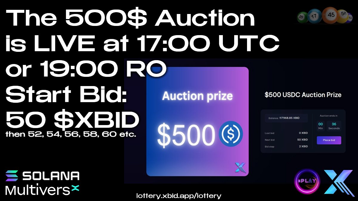 The 500$ #Auction is LIVE at 17:00 UTC!

Get ready! At 17:00 UTC, we open the Auction! The starting bid will be 50 $XBID and it will increase to 52, 54, 56, 58 etc.

🔥Bid &amp; Win 🔥
xbid.app/auction

<a href="/PulsarTransfer/">PulsarTransfer</a> send 200000 MEX to 200 reactions
#MultiversX #Solana #XBID