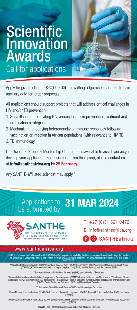 CALL FOR #SANTHE SCIENTIFIC INNOVATION AWARD APPLICATIONS FOR #HIV #TB PREVENTION RESEARCH - APPLY BY 31 MAR'24 HERE: cognitoforms.com/AHRI1/Scientif… @gatesfoundation @AHRI_News @AidsHarvard @KEMRI_Wellcome @EmoryRZHRG @HPP_Research @UKZNCHS #EmpoweringAfricanScience