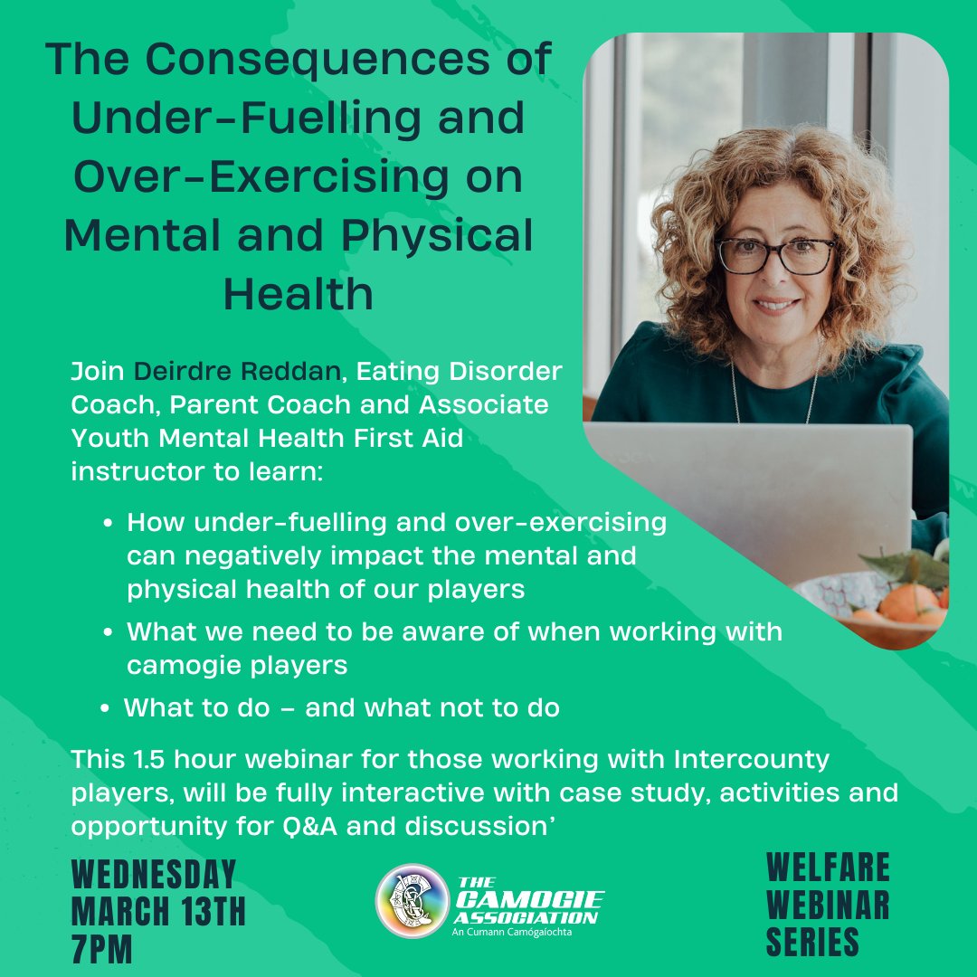 We have an exciting webinar coming up on the Consequences of Under-Fuelling and Over-Exercising on Mental and Physical Health for those working with Adult Intercounty Teams. 🎉 🕑Wednesday 13th March at 7pm. 🔗Register here: forms.office.com/e/ssAux4tVGB #OurGameOurPassion