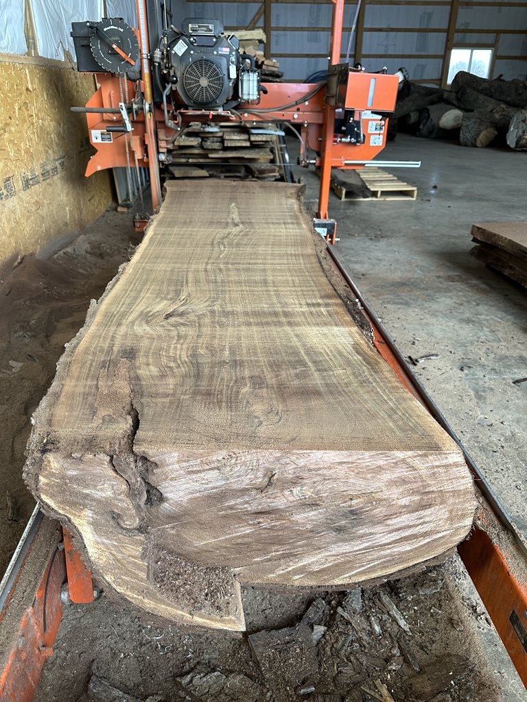 Cutting some huge walnut logs last night into slabs #sawmill #woodmizer