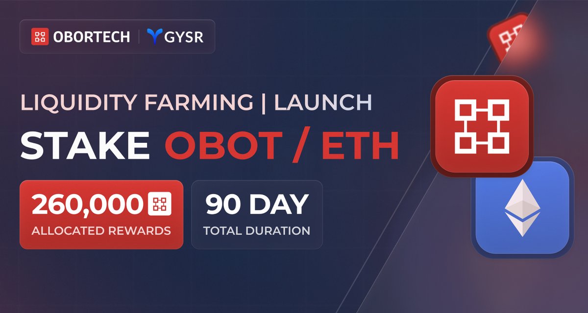 🚜 Liquidity Farming | Launch
We're excited to announce that in collaboration with @GYSR_IO, we have relaunched our liquidity farming in the pair of $OBOT / $ETH.

Allowing to earn rewards on your accumulated OBOT while supporting the liquidity economy for Smart Hub customers.