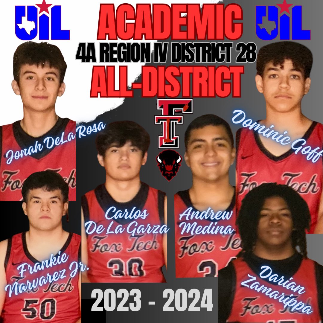 We are so proud of our Academic All-District Boys Basketball Representatives! Congrats to our @FTBuffsMBKB players Jonah De La Rosa (Sr.), Andrew Medina (Sr.), Carlos De La Garza (Sr.), Dominic Goff (Sr.), Frankie Narvarez Jr. (Sr.), & Darian Zamarripa (Jr.) … Great Job! 🏀♥️📚