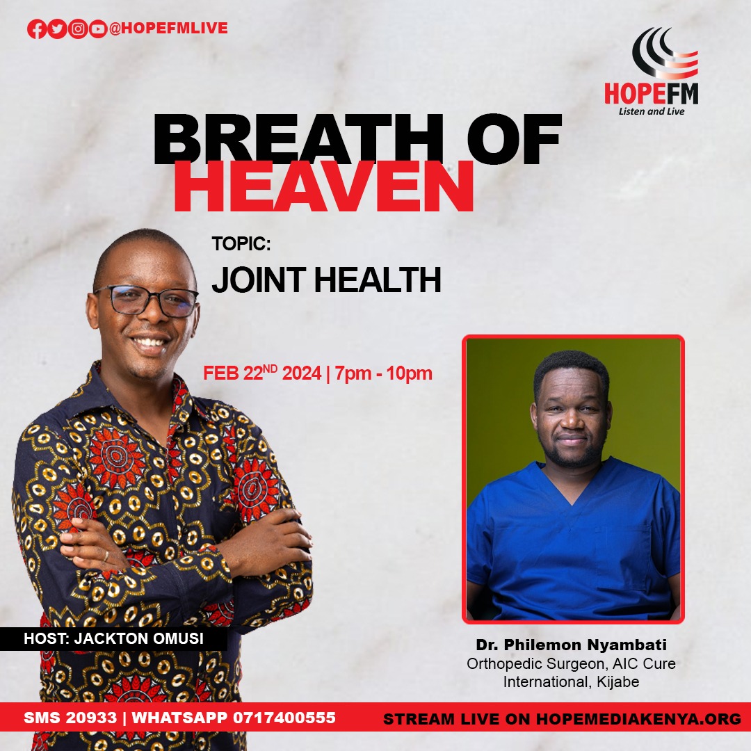 How healthy are the joints in your body?
Tonight, we take a journey in the quest to find out what healthy joints entail.
Dr. Philemon Nyambati joins us to discuss Joint Health on Breath of Heaven, Thursday Edition.
SMS 20933, WhatsApp 0717 400555
#ThursdayEdition #BreathOfHeaven