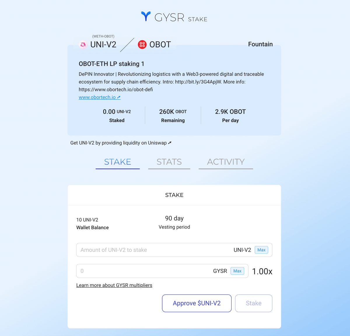 OBORTECHhub's tweet photo. 🌀 GYSR Guide | Stake LP Tokens
After successfully adding liquidity, you can navigate to the GYSR dApp and stake the received UNI-V2 LP tokens to earn OBOT.

In case of early liquidity withdrawal, a reward penalty will be issued.

→ Stake tokens: https://t.co/y0kU8gsuKY https://t.co/Msg4pmkHxx