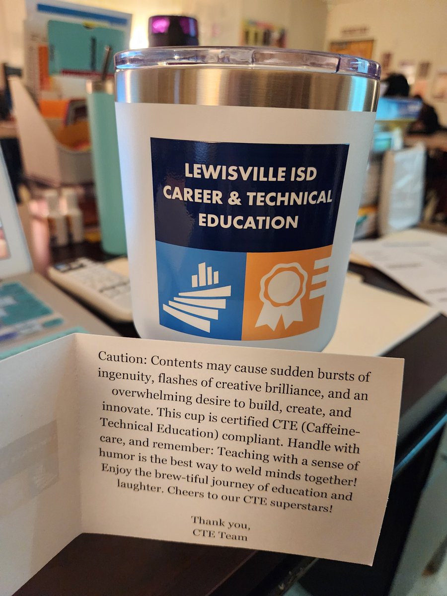 Love a new coffee cup and good laughs from our @lisdcte team. Thank you for always supporting us and our ideas! #CTEMonth @jgcooper02 @PetruninKristin @HumphreyBrooks @MerriamWyne @LewisvilleISD