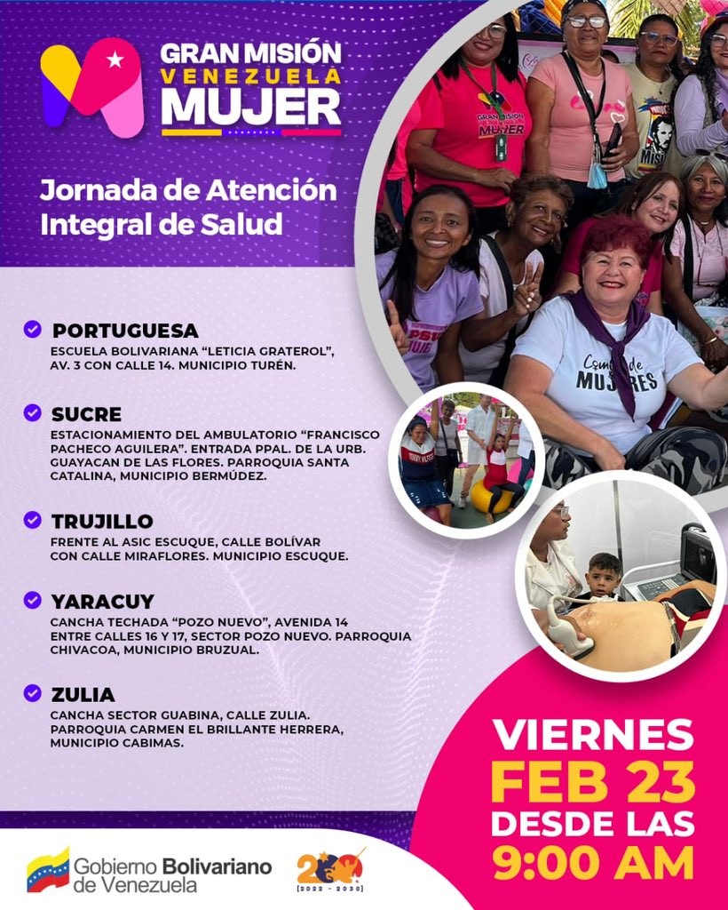 #22Feb | Mañana, sigue la ruta del amor en todo el país, la <a href="/mvenezuelamujer/">Gran Misión Venezuela Mujer</a> estará desarrollando Jornadas de #Salud para la #Mujer revisa la ubicación en tu estado y no te lo pierdas! #ProducirParaVencer <a href="/NicolasMaduro/">Nicolás Maduro</a> <a href="/ConCiliaFlores/">Cilia Flores</a> <a href="/delcyrodriguezv/">Delcy Rodríguez</a> <a href="/Gabrielasjr/">Gabriela Jiménez</a>