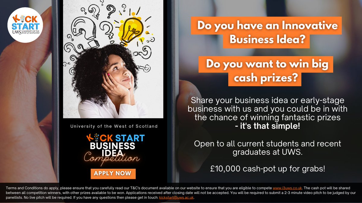 Our Business Idea Competition is back - Bring forward your #innovative and #creative business ideas! Open to all students, staff and recent graduates at the
<a href="/UniWestScotland/">UWS</a>.

Don't miss out! £10,000 cash pot to be won 🫰💷

Find out more and apply - bit.ly/3XjcpzF