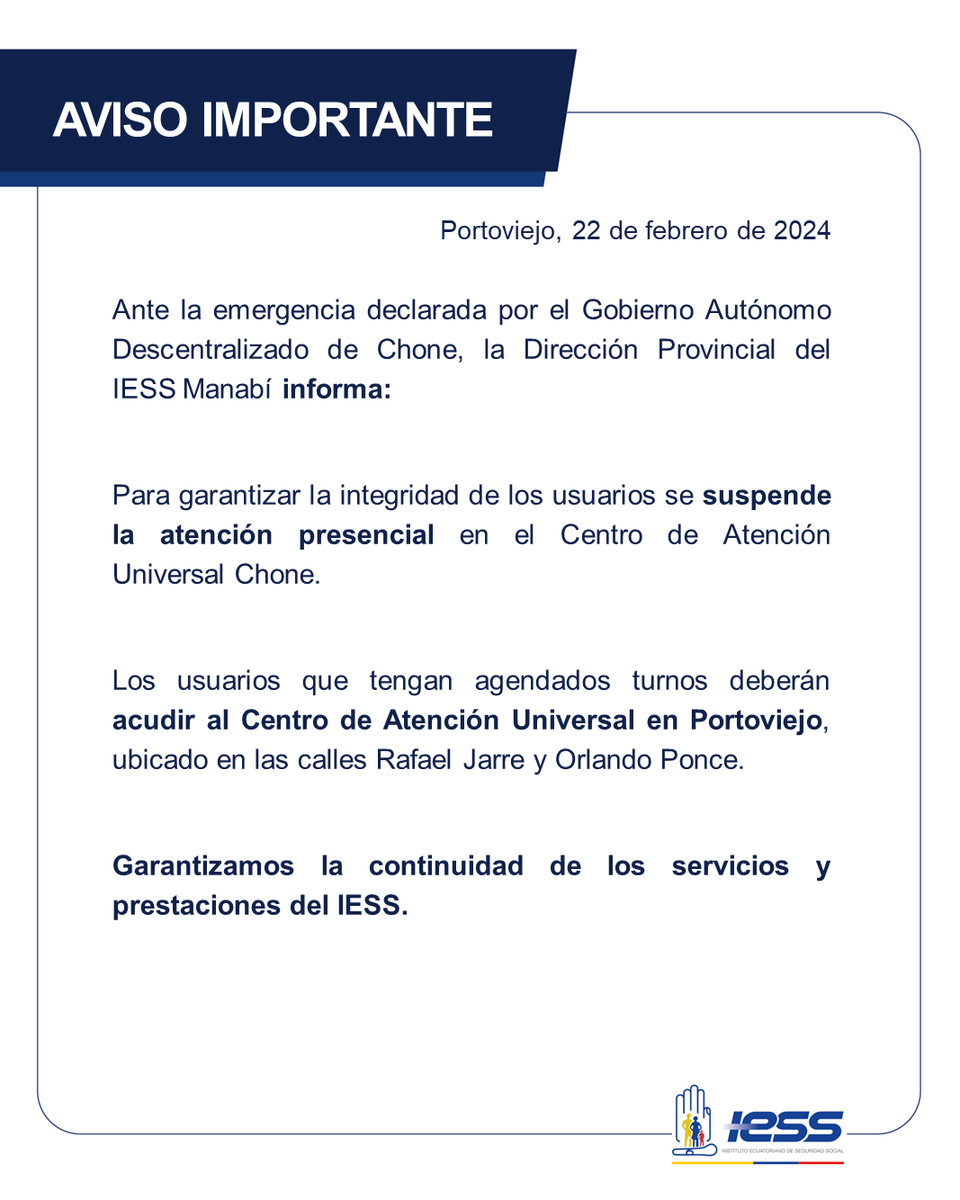 IESS_Manabi's tweet photo. 📣#IESSteInforma | El Centro de Atención Universal Chone atenderá en Portoviejo mientras dure la emergencia cantonal por las inundaciones. 

Conoce más detalles ⬇️ https://t.co/qYsmpwfNCN