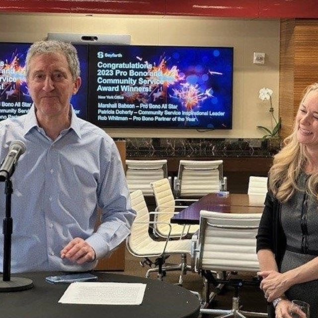 Pro Bono and Philanthropy Partner Ashley Cano honors 2023 #ProBono &amp;  #CommunityService Award winners in our NY office: Marshall Babson, Patricia Doherty, and Rob Whitman. True #Seyfarthians #belongatseyfarth #givingback