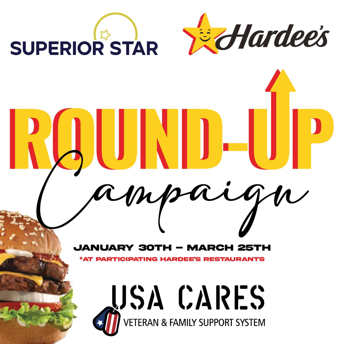 USACares's tweet image. Hungry? 🍔 🍟

Find one of Superior Star LLC's 93 Hardees Restaurants to order off their delicious menu and round up your total in support of USA Cares! 

#giveback #thankyou #hardees #fastfood #corporatepartners
