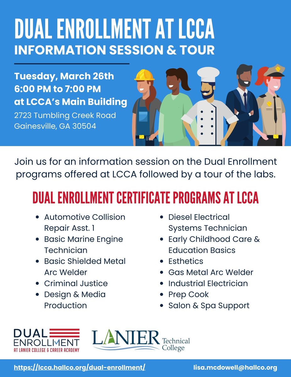 LCCA Dual Enrollment (@duallcca) on Twitter photo Come learn about our Dual Enrollment programs!
<a href="/LanierTech/">Lanier Tech</a> <a href="/LCCA_HS/">Lanier College & Career Academy</a> <a href="/CareerReady/">Trena Smith</a> Come learn about our Dual Enrollment programs!
<a href="/LanierTech/">Lanier Tech</a> <a href="/LCCA_HS/">Lanier College & Career Academy</a> <a href="/CareerReady/">Trena Smith</a>