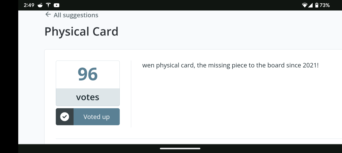 Jmaxime89's tweet photo. @shakepay Physical card wen ? I'd even pay extra to have a shiny metal one !

@Jmaxime89 https://t.co/l1pfkx1uIH