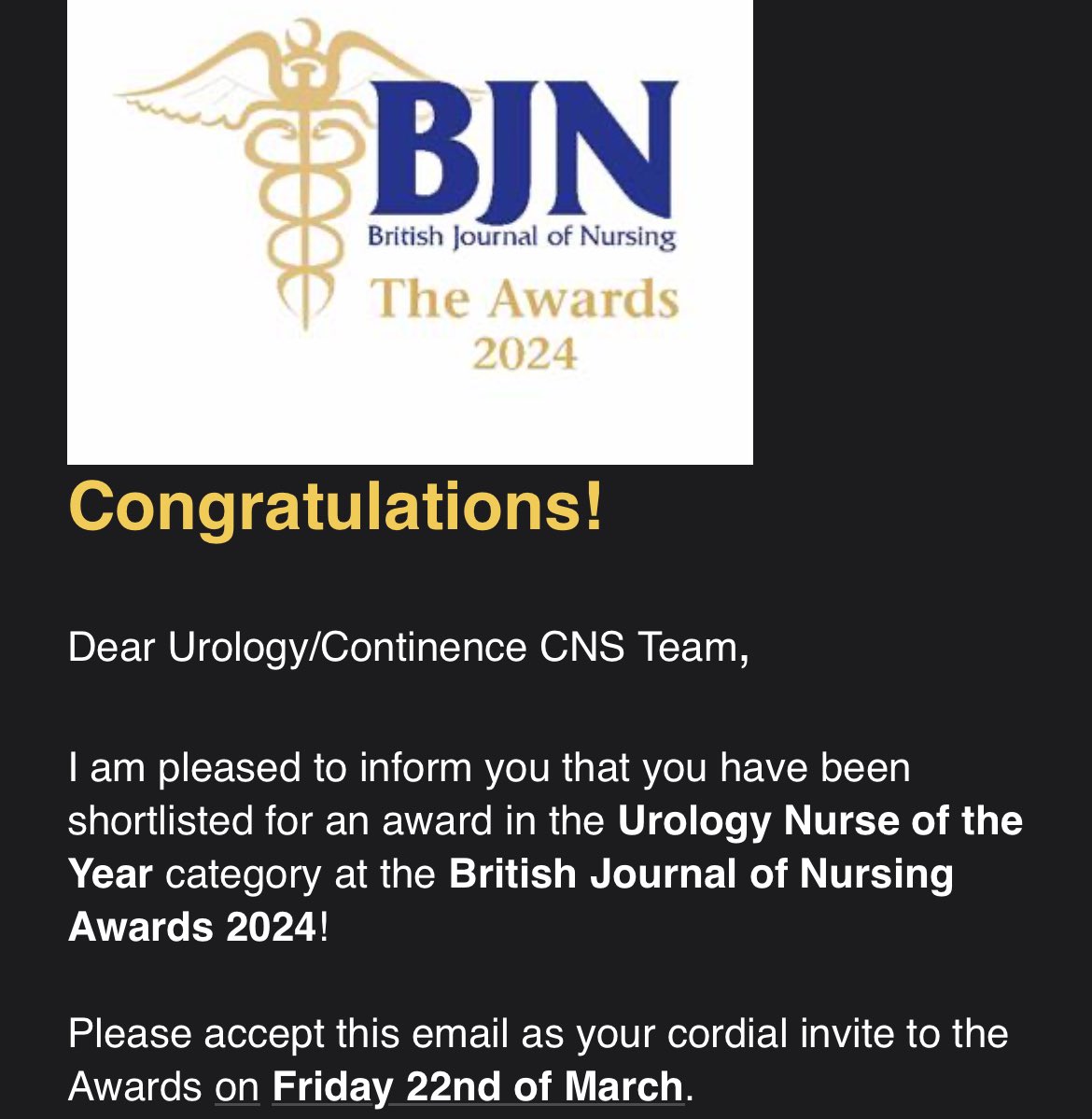 Official invite has come through!!! Couldn’t be prouder of our team right now 💙 #urologynurseoftheyear #bjnawards #bjnawards2024 #teamurology @UHDBTrust @BJNursing