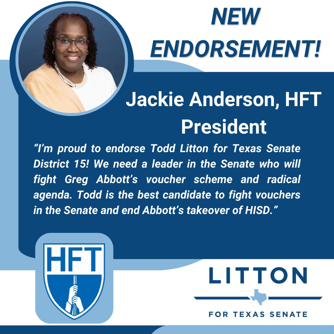 I'm proud to be endorsed by @AJackiew! Greg Abbott's attack on our public schools will be a top priority for me in Austin. We must end his takeover of HISD and continue to stop Abbott's voucher scheme. #txlege
