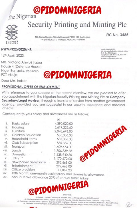 Children education N585,336
Household items.     N585,336
Lunch                           N1,706,839.78
Entertainment.          N292, 668
Office provision.       N117,067 
All these after receiving 5m as salary. Minimum wage is still 30k. 
I think I have had enough for today.