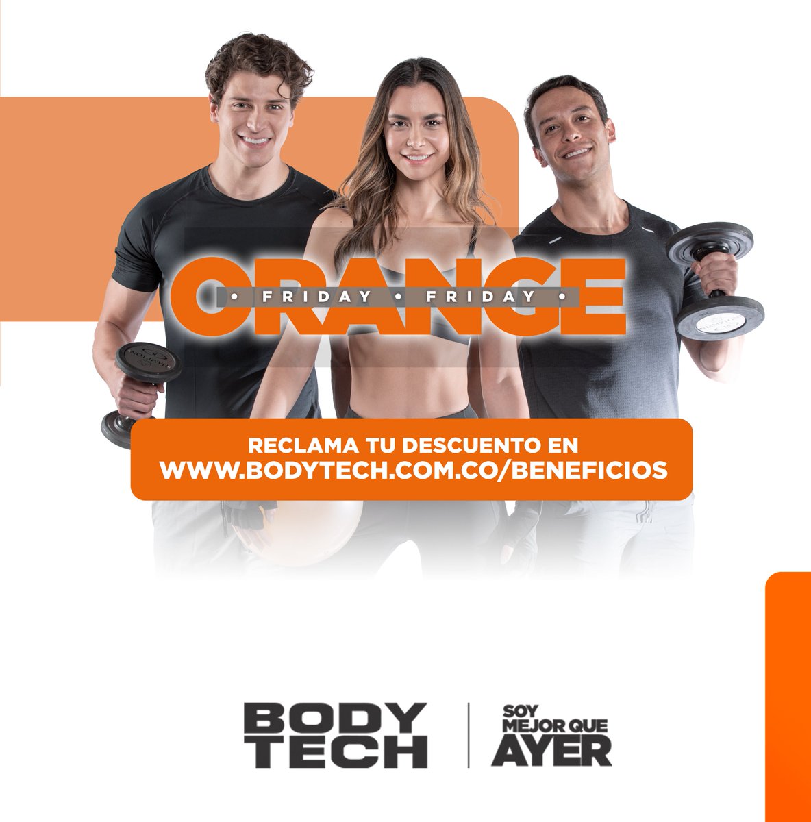 ¡Mañana es el Orange Day y es hora de disfrutar al máximo los beneficios de ser parte de la familia Bodytech! 🧡 Aprovecha los descuentos exclusivos aquí 👇bodytech.com.co/beneficios