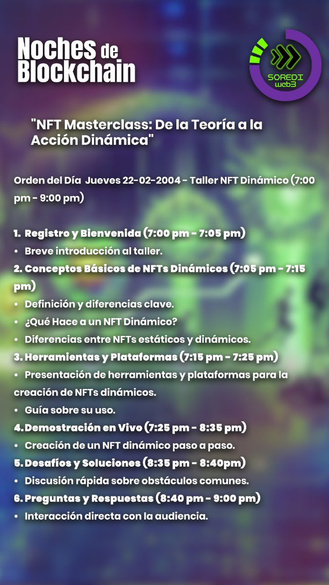 Soredi_io's tweet photo. "Descubre el arte de crear NFTs dinámicos que cobran vida. Únete a nuestra emocionante Taller y desata tu creatividad en el mundo de la Blockchain. 🚀#sorediweb3 #NFTs https://t.co/aXrEI3hRWk