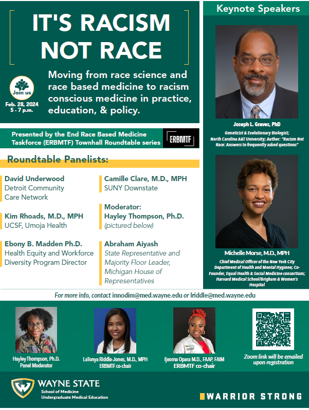 Registration is now open for 'It's Racism Not Race: Moving From Race Science and Race-Based Medicine to Racism Conscious Medicine in Practice, Education and Policy,' a virtual panel discussion set for 5-7 p.m. Feb. 28 via Zoom. us02web.zoom.us/webinar/regist…