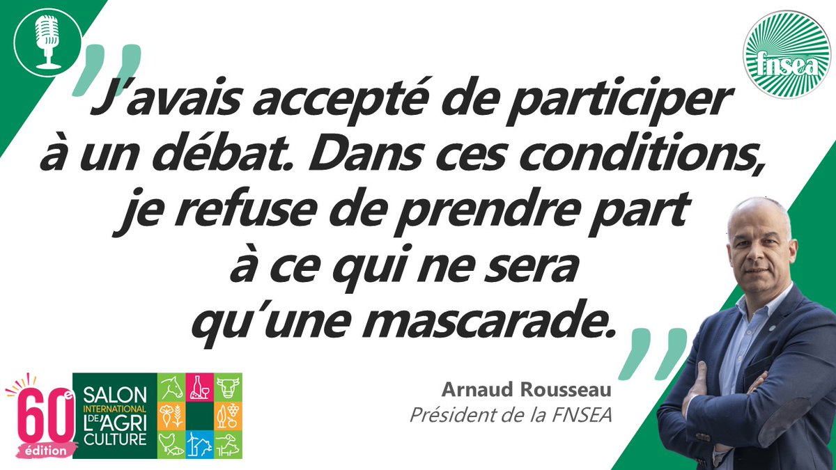 #SIA2024 | Pour Arnaud Rousseau, Président de la #FNSEA, 🎙️"L’invitation au <a href="/Salondelagri/">Salon International de l'Agriculture</a> par le Président de la République <a href="/EmmanuelMacron/">Emmanuel Macron</a> d’un groupuscule dont la dissolution a été demandée par son propre gouvernement est une provocation inacceptable pour les agriculteurs."