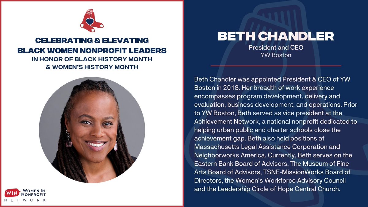 It's an honor to spotlight President and CEO of YW Boston Beth Chandler today! Next week, Beth will speak on a special panel, hosted by our Women In Nonprofit Network, celebrating Black women nonprofit leaders. Thank you, Beth, for being such an incredible community champion!